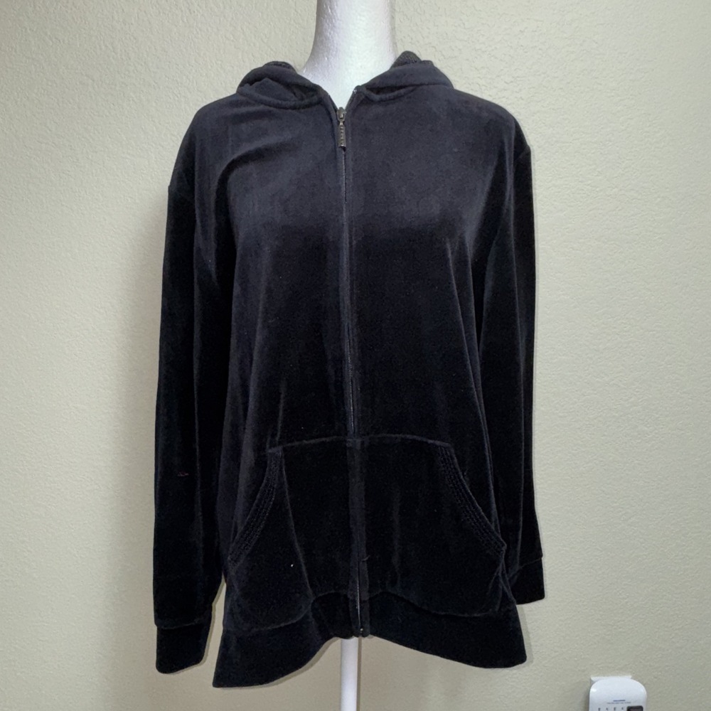 Style & Co Sport Black Velour Hoodie 1X Sequin Hood Y2K Glam Luxe Cozy Soft Zip